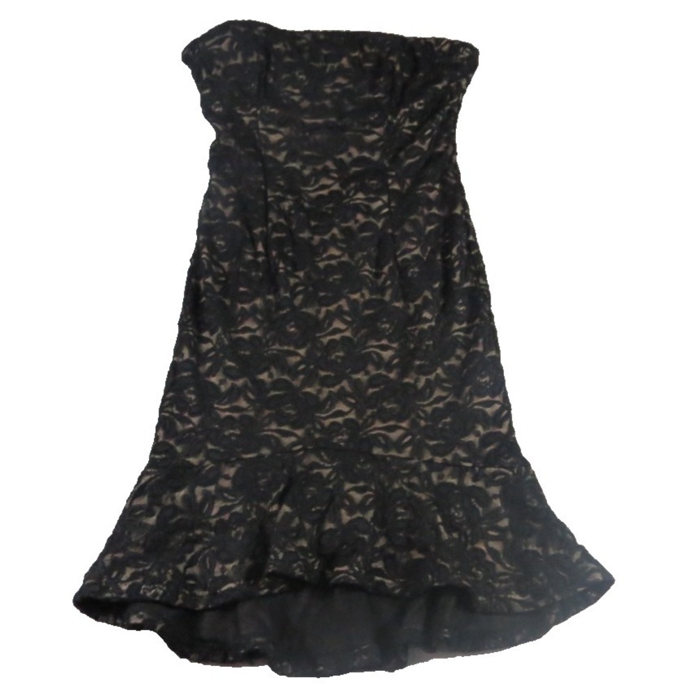 Bebe Dress Womens Medium M Black Floral Lace Strapless Lined Ruffle Hem Cocktail